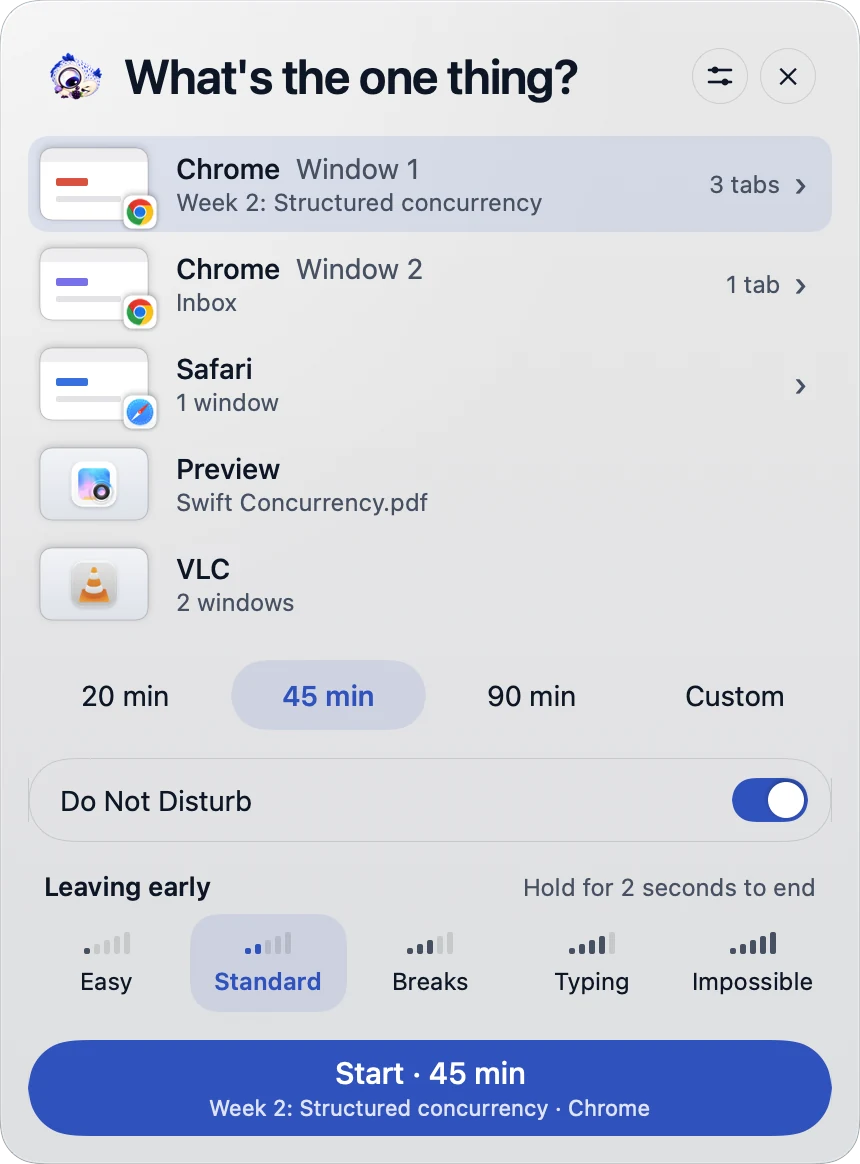 The FocusBerry sheet under the menu bar: a list of open browser tabs and apps to choose from, a duration, and how hard it is to leave early.